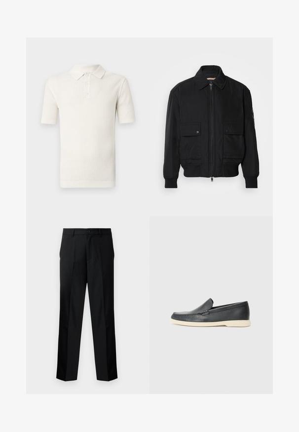 Sort bomberjakke lavet af glat, letvægtsstof. Har lynlås foran, to knap-lukkede brystlommer og ribbede manchetter.; Hvid kortærmet polo-shirt lavet af tekstureret strikket stof, med krave og tre-knaps placket, samt ribbet kant og ærmekanter.; Sorte skræddersyede bukser med lige snit, der har knaplukning, lynlås og bæltestropper. Glat stof med sidelommer.; Sorte læder slip-on loafers med en struktureret overflade og en kontrasterende beige gummisål. Har en subtil detalje langs forsiden.