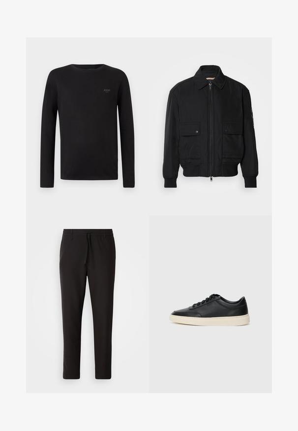 Fekete bomberdzseki sima, könnyű anyagból. Cipzáras elülső részével, két gombos mellzsebével és bordás mandzsettáival rendelkezik.; Fekete, hosszú ujjú póló, puha anyagból készült, kerek nyakú és egy kis logó található a bal felső oldalon.; Fekete jogger nadrág sima anyagból. Rugalmas derekú, húzózsinórral, tapered lábakkal és látható zsebek nélkül készül. Egyszerű dizájn.; Fekete, alacsony szárú bőrsneaker fekete fűzőkkel és törtfehér talppal, oldalnézetben, fehér háttér előtt.