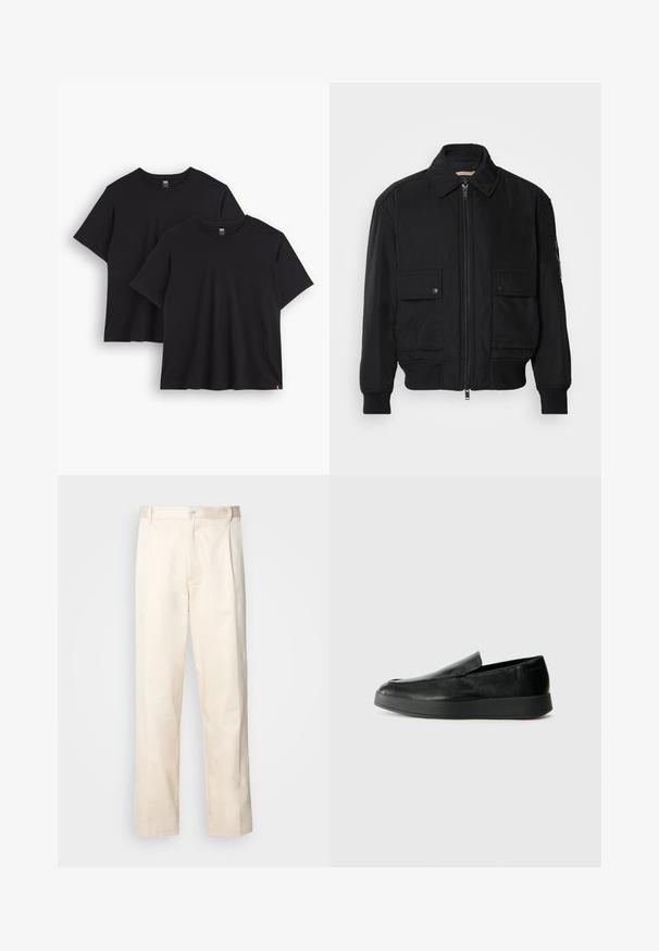 Giacca bomber nera realizzata in tessuto morbido e leggero. Caratterizzata da una chiusura con zip frontale, due tasche sul petto con bottone e polsini a costine.; Due magliette di cotone nere a maniche corte, con scollo rotondo e vestibilità rilassata. Ognuna presenta un piccolo etichetta tessuta sull'orlo.; Pantaloni in cotone beige con taglio dritto, dotati di chiusura a bottone e pence sul davanti per un tocco di dettaglio in più.; Calvin Klein HYBRID CUP - Scarpe senza lacci - triple black