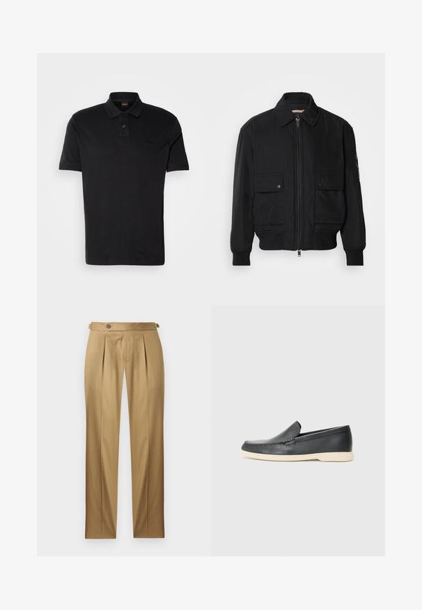 Černá bomber bunda vyrobená z hladkého, lehkého materiálu. Má zipový přední díl, dvě kapsy na hrudi s knoflíky a vroubkované manžety.; Černé polokošile vyrobené z bavlny, s klasickým límečkem, dvěma knoflíky a vyšitým logem na hrudi. Krátké rukávy.; Béžové kalhoty s přímým střihem, které mají záhyby, zapínání na knoflík a poutka na pásek. Hladká tkanina s čistým, upraveným vzhledem.; Černé kožené mokasíny na klínku s texturovaným povrchem a kontrastní béžovou gumovou podrážkou. Vyznačují se jemným akcentem podél přední části.