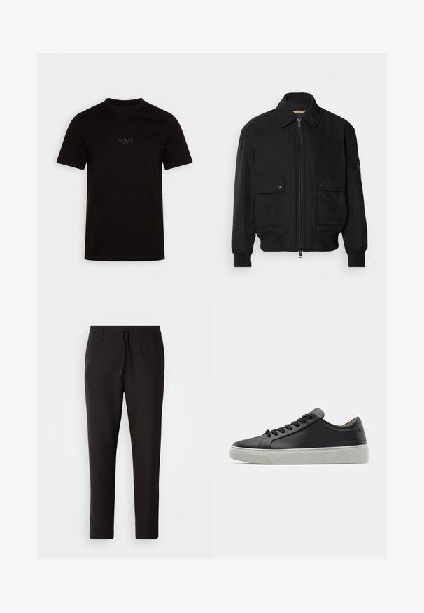 Black bomber jacket made of smooth, lightweight fabric. Features a zip front, two buttoned chest pockets, and ribbed cuffs.; Black short-sleeve t-shirt made of cotton, featuring a crew neckline and front chest logo with "GUESS EST. 1981" in a subtle design.; Black jogger pants made of smooth fabric. Feature an elastic waistband with a drawstring, tapered legs, and no visible pockets. Simple design.; Black leather sneaker with a smooth texture, round toe, and black laces. Features a thick, white rubber sole with subtle geometric accents.