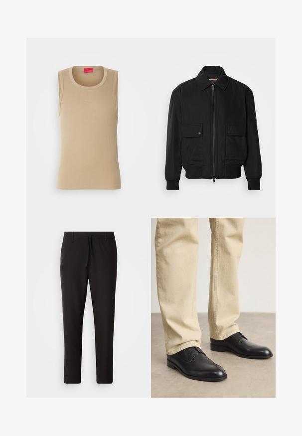 Czarna kurtka bombowiec wykonana z gładkiego, lekkiego materiału. Posiada zamek błyskawiczny z przodu, dwie kieszenie na piersi zapinane na guziki oraz ściągacze przy mankietach.; Beżowy top na ramiączkach z prążkowanej tkaniny, z okrągłym dekoltem i małym, wytłoczonym logo "HUGO" z przodu. Bez rękawów.; Czarne spodnie dresowe wykonane z gładkiego materiału. Posiadają elastyczny pas ze sznurkiem, zwężane nogawki oraz brak widocznych kieszeni. Prosty design.; Czarne skórzane buty na sznurówki z zaokrąglonym czubkiem, gładkim wykończeniem i subtelnymi detalami szycia, noszone z jasnobeżowymi spodniami.
