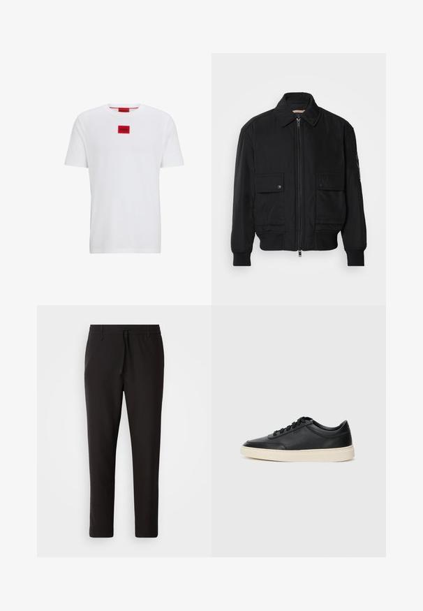 Black bomber jacket made of smooth, lightweight fabric. Features a zip front, two buttoned chest pockets, and ribbed cuffs.; White cotton t-shirt with short sleeves, featuring a red square logo patch in the center and a round neckline.; Black jogger pants made of smooth fabric. Feature an elastic waistband with a drawstring, tapered legs, and no visible pockets. Simple design.; Black low-top leather sneaker with black laces and off-white sole shown in side profile on white background.
