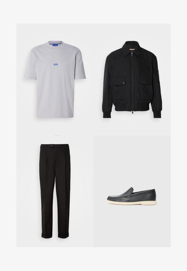 Musta pommijakku, joka on valmistettu sileästä, kevyestä kankaasta. Varusteena vetoketjukiinnitys, kaksi napillista rintataskua ja ribbattu hihansuu.; Harmaa puuvillapaita, jossa on pyöreä pääntie ja lyhyet hihat. Rintakehässä pieni sininen "HUGO" -logo. Sileä pinta.; Mustat housut, joissa on sileä pinta, suora leikkaus, kaksi etutaskua ja yksittäinen nappikiinnitys vyötäröllä.; Mustat nahkakengät ilman nauhoja, joissa on teksturoitu pinta ja kontrastoiva beige kumipohja. Kengissä on hillitty yksityiskohta etuosassa.