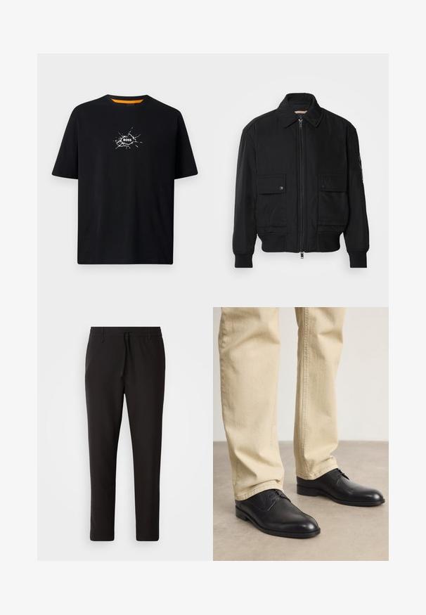 Jaqueta bomber preta feita de um tecido liso e leve. Apresenta um fecho zip à frente, dois bolsos no peito com botão e punhos canelados.; T-shirt de algodão preto com um corte folgado, apresentando uma ilustração branca de uma mão a romper com a palavra "BOSS" ao centro. Detalhe laranja no colarinho.; Calças de jogging pretas feitas de tecido liso. Apresentam uma cintura elástica com cordão, pernas ligeiramente ajustadas e sem bolsos visíveis. Design simples.; Sapatos pretos de couro com atacadores, com bico arredondado, acabamento suave e detalhes de costura subtis, usados com calças bege claras.
