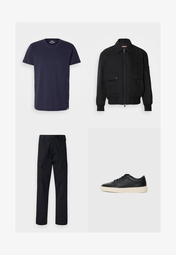 Musta pommijakku, joka on valmistettu sileästä, kevyestä kankaasta. Varusteena vetoketjukiinnitys, kaksi napillista rintataskua ja ribbattu hihansuu.; Laivansinisestä puuvillasta valmistettu T-paita, jossa on pyöreä kaula-aukko ja lyhyet hihat. Paidan helmaan on sijoitettu pieni emblemikaistale, ja sen pinta on sileä.; Mustat cargo-housut, jotka on valmistettu kestävästä kankaasta, suora lahkeensuukko, kaksi sivutaskua ja napin suljenta vyötäröllä.; Musta matalavartinen nahkastretchu, jossa on mustat nauhat ja vaaleanharmaa pohja, esitetty sivuprofiilissa valkoista taustaa vasten.