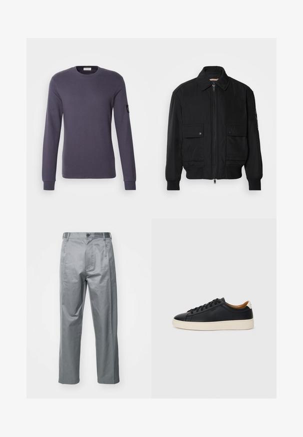 Fekete bomberdzseki sima, könnyű anyagból. Cipzáras elülső részével, két gombos mellzsebével és bordás mandzsettáival rendelkezik.; Sötétlila, hosszú ujjú póló bordázott anyagból. Kerek nyakkivágású és egy kis logós tesztcímke található a bal ujján.; Szürke pamut keverék nadrág, egyenes szabással, elülső gombos záródással, övrésekkel és oldalsó zsebekkel.; Fekete bőr sportcipők sima felülettel, bézs gumitalppal, fűzős dizájnnal és kontrasztos sarkú akcentussal.