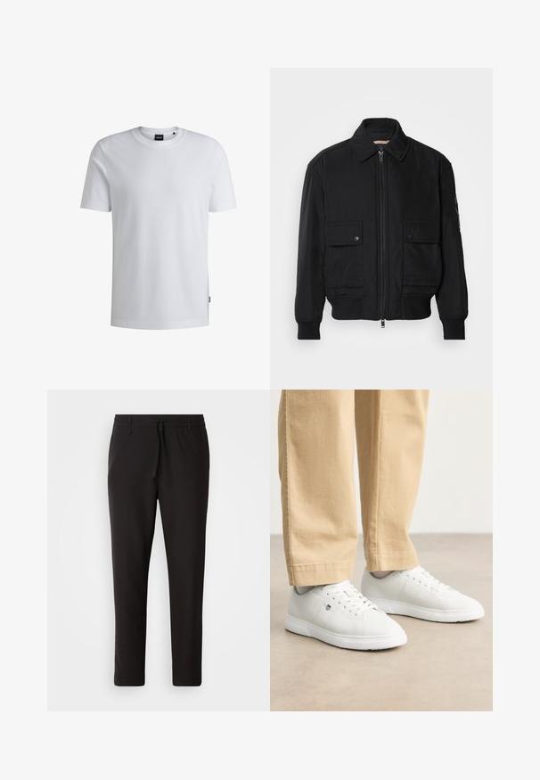Crna bomberska jakna od glatkog, laganog materijala. Ima zatvarač sprijeda, dva gumbasta džepa na prsima i rebraste manžete.; Bijela kratkotrajna majica s kratkim rukavima, izrađena od teksturiranog materijala, s okruglim izrezom i malom oznakom s logom sa strane.; Crne jogger hlače od glatkog materijala. Imaju elastičnu waistband s vezicom, sužene nogavice i bez vidljivih džepova. Jednostavan dizajn.; Bijele kožne tenisice s glatkom površinom, s okruglim vrhom, vezanjem i suptilnim logotipom sa strane, u paru s bež hlačama.