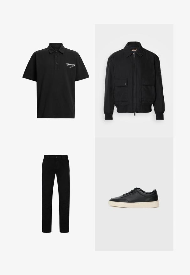 Musta pommijakku, joka on valmistettu sileästä, kevyestä kankaasta. Varusteena vetoketjukiinnitys, kaksi napillista rintataskua ja ribbattu hihansuu.; Musta poolopaita, joka on valmistettu puuvillasta, klassisella kauluksella, kahdella napilla ja vasemmassa rinnassa valkoisella painettuna logo.; Mustat puuvillahousut suorella leikkauksella, jossa on napitus, vyölenkit ja minimalistinen muotoilu. Silkkinen pinta, ilman kuvioita.; Musta matalavartinen nahkastretchu, jossa on mustat nauhat ja vaaleanharmaa pohja, esitetty sivuprofiilissa valkoista taustaa vasten.