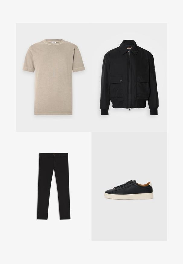 Musta pommijakku, joka on valmistettu sileästä, kevyestä kankaasta. Varusteena vetoketjukiinnitys, kaksi napillista rintataskua ja ribbattu hihansuu.; Beige puuvillainen t-paita, jossa on lyhyet hihat ja pyöreä pääntie. Hihansuissa ja helmassa näkyvät saumat. Yksinkertainen, sileä tekstuuri.; Mustat housut, jotka on valmistettu sileätekstiilisestä kankaasta. Varustettu nappikiinnityksellä, vyölenkeillä ja sivutaskuilla. Standardi suora lahjemalli.; Mustat nahkasneakerit, joissa on sileä pinta, beige kumipohja, nauhakiinnitys ja erottuva kanta-aksentti.