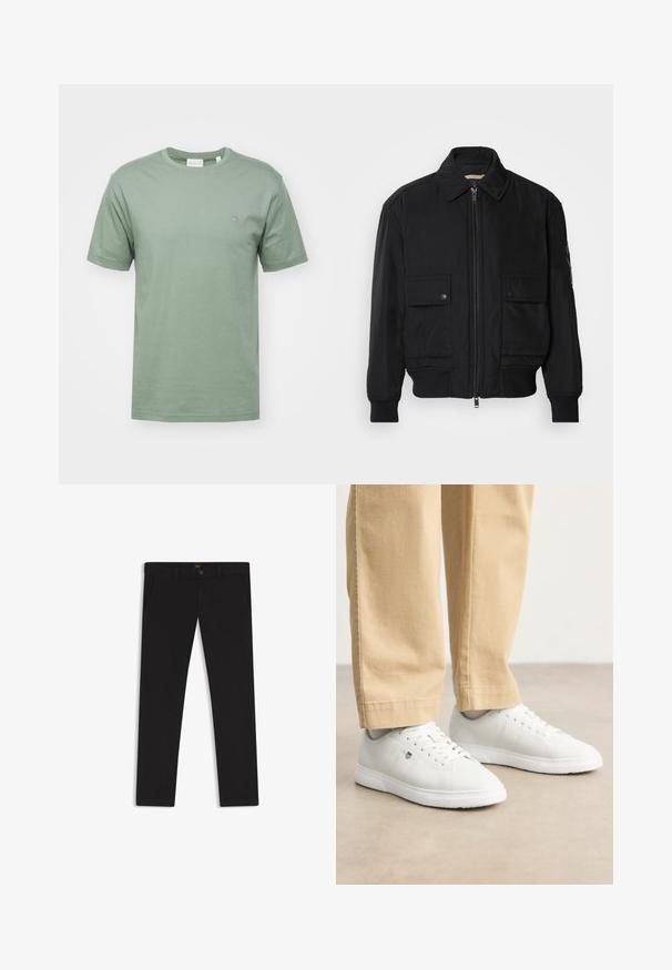 Black bomber jacket made of smooth, lightweight fabric. Features a zip front, two buttoned chest pockets, and ribbed cuffs.; GANT SHIELD - Basic T-shirt - dry green; Black trousers made of fabric with a smooth texture. Features a button closure, belt loops, and side pockets. Standard straight-leg design.; White leather sneakers with a smooth finish, featuring round toe, lace-up design, and subtle logo detail on the side, paired with beige pants.