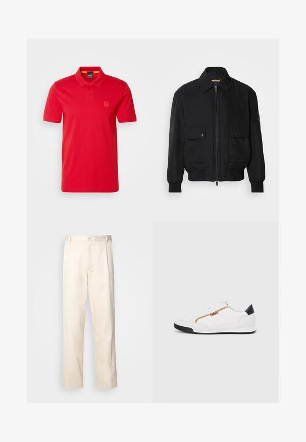 Černá bomber bunda vyrobená z hladkého, lehkého materiálu. Má zipový přední díl, dvě kapsy na hrudi s knoflíky a vroubkované manžety.; BOSS PASSENGER - Polotričko - medium red; Bežové bavlněné kalhoty se střihy rovného nohavice, s knoflíkovým zapínáním a záhyby vpředu pro zvýraznění detailu.; Bílé sportovní boty s akcenty z meshe a kůže. Mají zlaté logo "BOSS", texturované boční panely a černý podpatek. Gumová podrážka.