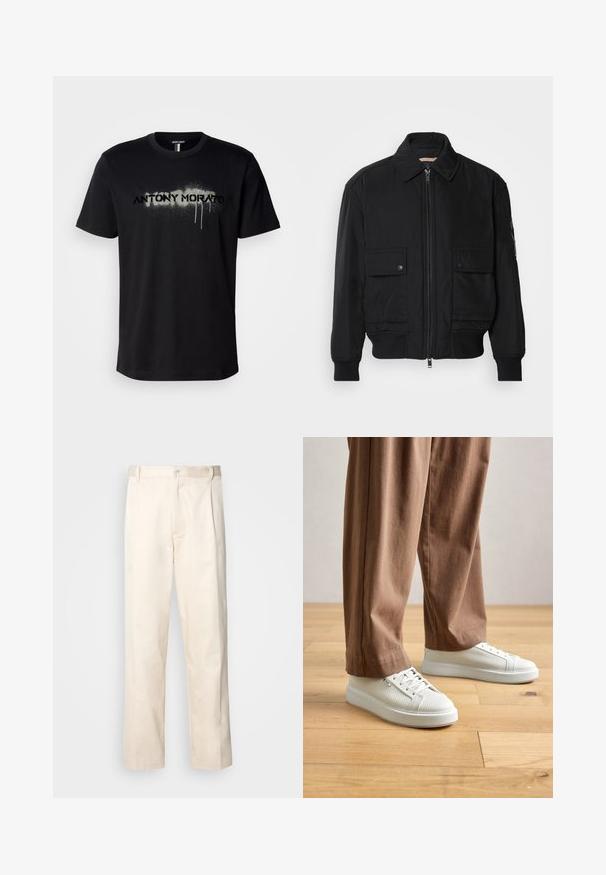 Must mustrakk musth kergestikuti kergemest kuduklett, kergete vestid valjase tormakate. Omab fasadi lukkumist, kahte nööbül pulsiv кофейня ning ribitud käiseid.; Must have must t-särk mustast puuvillast, millel on hall spray-kirja „ANTONY MORATO“ tilkuvate detailidega, lühikesed varrukad ja ümar kaelus.; Beesidised puuvillased püksid sirge jala lõikega, mis on varustatud nööpkinnituse ja ees olevate voltidega, et lisada detaili.; Isik, kes kannab valgeid tekstuurne madalaid sneakers'eid ja lõdvaid pruune pükse, seisab heleda puidust põranda peal.