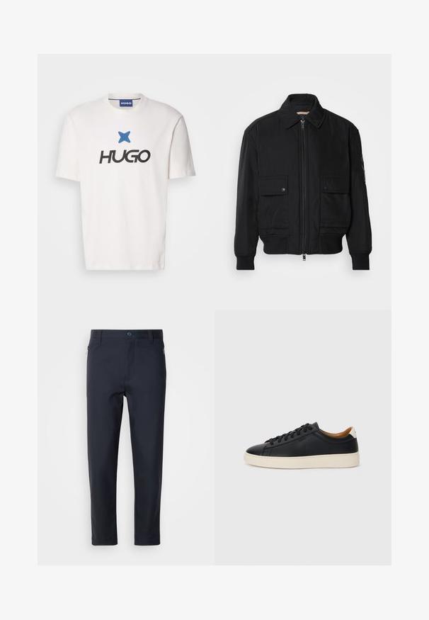 Must mustrakk musth kergestikuti kergemest kuduklett, kergete vestid valjase tormakate. Omab fasadi lukkumist, kahte nööbül pulsiv кофейня ning ribitud käiseid.; Valge puuvillane T-särk, millel on sinine tähetäht logo sõna "HUGO" kohal julgete mustade tähtedega. Ümmargune kaelus, lühikesed varrukad.; Tumed sinised kohandatud püksid, mis on valmistatud siledast kangast. Neil on lukuga tasku, sirged jalad ja nupuga sulgus vööosas.; Mustad nahast tennised sujuva pindadega, beež kummist tallaga, paelaga kinnitamine ja kontrastse kanna aktsendiga.