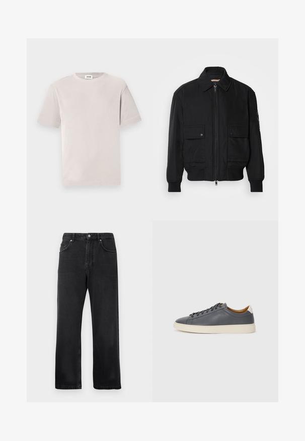 Svart bomberjacka gjord av mjukt, lättviktigt tyg. Har dragkedja fram, två knappade bröstfickor och ribbade ärmslut.; Ljusgrå ribbad t-shirt, korta ärmar, rund halsringning, mjuk textur, avslappnad design, etikett synlig på insidan av halsområdet.; Svarta raka jeans med framfickor, bältesloopar och knappstängning på en vit bakgrund.; Grå lädersneaker med rund tå, gummisula, plana snörningar och ljusa accenter på hälen. Slät textur och minimalistisk design.