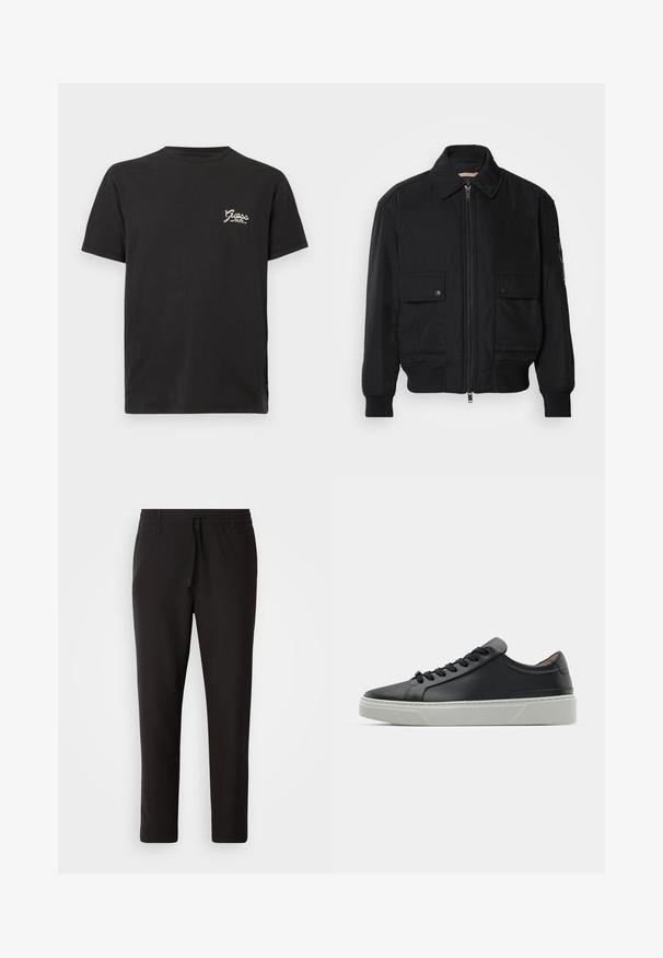 Crna bomberska jakna od glatkog, laganog materijala. Ima zatvarač sprijeda, dva gumbasta džepa na prsima i rebraste manžete.; Crna pamučna majica s okruglim izrezom i kratkim rukavima. Sadrži bijeli "Guess" logo na lijevoj strani prsnog područja. Klasičan ravni kroj.; Crne jogger hlače od glatkog materijala. Imaju elastičnu waistband s vezicom, sužene nogavice i bez vidljivih džepova. Jednostavan dizajn.; Crne kožne tenisice s glatkom teksturom, okruglim vrhom i crnim čipkastim vezicama. Imaju debeo bijeli gumeni potplat s suptilnim geometrijskim naglascima.