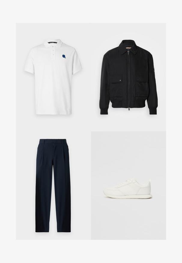 Černá bomber bunda vyrobená z hladkého, lehkého materiálu. Má zipový přední díl, dvě kapsy na hrudi s knoflíky a vroubkované manžety.; Bílá polo košile vyrobená z bavlny, s límečkem, třemi knoflíky a námořnickomodrou vyšitou nášivkou na levé části hrudi.; Námořnické modré kalhoty s hladkou strukturou, širokým střihem, předními plisovanými záhyby, poutky na opasek a zapínáním na zip. Vhodné pro formální nebo neformální nošení.; Bílé tenisky s vrchní částí z síťoviny a syntetického materiálu, kulatou špičkou, plochými tkaničkami a texturovaným bočním pruhem. Gumová podrážka s poutkem vzadu.