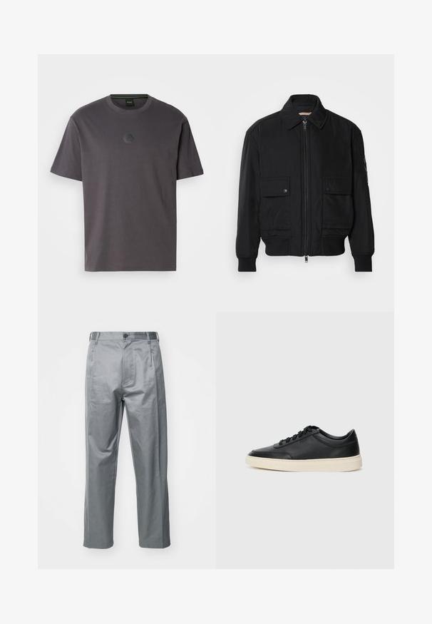 Juodas bomber stiliaus švarkas, pagamintas iš sklandaus, lengvo audinio. Su užtrauktuku priekyje, dviem kišenėmis su sagomis ant krūtinės ir guma apykaklėje.; Pilkas medvilnės marškinėliai su trumpomis rankovėmis ir apvaliu iškirpimu. Priekyje yra tekstūruotas šešiakampis logotipas. Paprastas, kasdienis dizainas.; Pilkos medvilnės mišinio kelnės su tiesiomis kojomis, turinčios priekį mygtuku užsegamas, diržo kilpas ir šonines kišenes.; Juoda žema viršutinė odinė sportbačiai su juodais raišteliais ir kreminiu padu, pateikti šoniniame profilyje ant baltos fono.