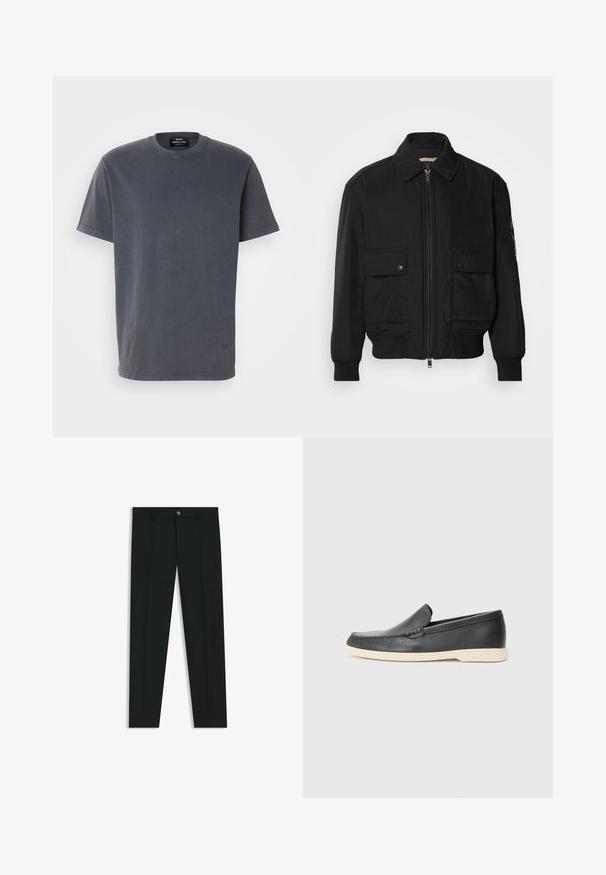 Chaqueta bomber negra de tejido suave y ligero. Cuenta con cierre de cremallera en la parte delantera, dos bolsillos en el pecho con botón y puños acanalados.; Camiseta gris de manga corta hecha de algodón. Presenta un escote redondo y un ajuste relajado. Diseño minimalista sin patrones ni gráficos.; Pantalones de vestir negros con un diseño de pierna recta, hechos de una tela suave. Cuentan con un cierre frontal de botón y lazos para cinturón. Liso, sin patrones.; Mocasines de piel negra sin cordones con un acabado texturizado y una suela de goma beige en contraste. Presentan un sutil acento en la parte frontal.