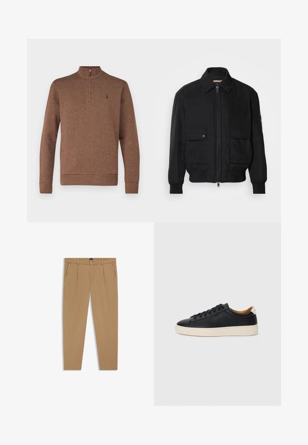 Svart bomberjacka gjord av mjukt, lättviktigt tyg. Har dragkedja fram, två knappade bröstfickor och ribbade ärmslut.; Polo Ralph Lauren DOUBLE-KNIT QUARTER-ZIP PULLOVER - Långärmad tröja - nutmeg brown; Beige byxor med en slät textur, rak passform, framfickor och knappstängning i midjan.; Svarta lädersneakers med en slät yta, beige gummisula, snörning och en kontrasterande hälackcent.