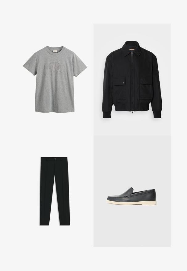 Black bomber jacket made of smooth, lightweight fabric. Features a zip front, two buttoned chest pockets, and ribbed cuffs.; Gray cotton T-shirt with short sleeves, rounded neckline, featuring a raised logo design that includes "GANT" and "American Sportswear."; Black dress pants with a straight-leg design, made of smooth fabric. Features a front button closure and belt loops. Plain without patterns.; Black leather slip-on loafers with a textured finish and a contrasting beige rubber sole. Features a subtle accent along the front.