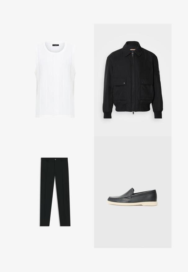 Black bomber jacket made of smooth, lightweight fabric. Features a zip front, two buttoned chest pockets, and ribbed cuffs.; White sleeveless top made of textured fabric with vertical ribbing and a round neckline. Simple design with no embellishments or patterns.; Black dress pants with a straight-leg design, made of smooth fabric. Features a front button closure and belt loops. Plain without patterns.; Black leather slip-on loafers with a textured finish and a contrasting beige rubber sole. Features a subtle accent along the front.