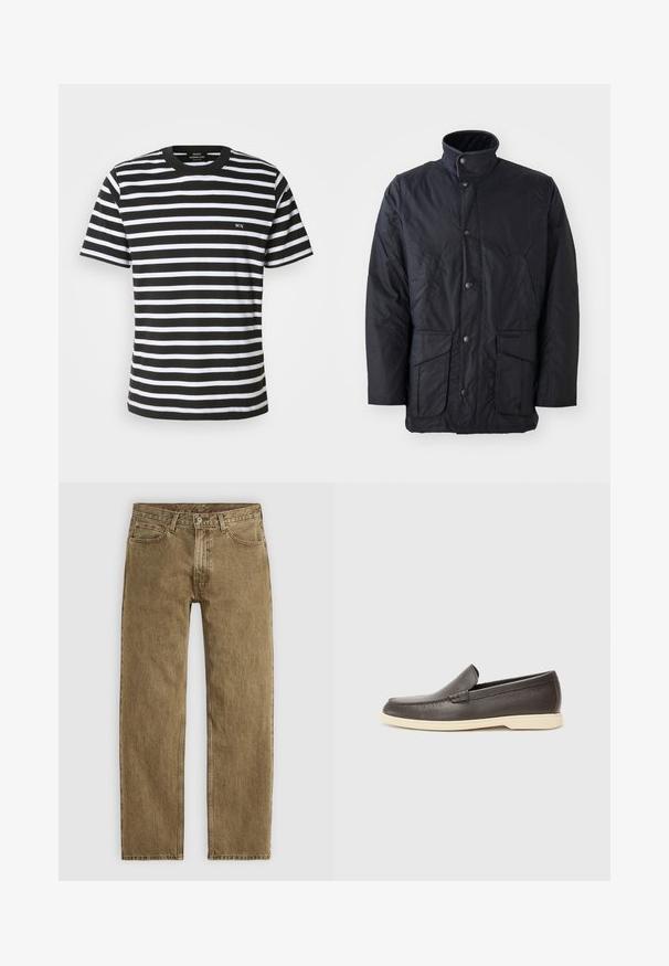 Casaco preto impermeável feito de tecido texturizado, com gola alta, bolsos frontais e fechos de botão de pressão. Design minimalista, sem padrões.; T-shirt às riscas preto e branco com decote redondo, mangas curtas e um pequeno bordado "MN" na frente. Feita de tecido de algodão suave.; Calças de ganga castanho claro com um design de perna reta, estilo de cinco bolsos e metais de tom cobre. Tecido texturizado com detalhes de costura visíveis.; Sapatos slip-on de couro castanho com superfície texturizada e sola em bege claro contrastante, apresentando biqueira arredondada e detalhes de costura minimalistas.