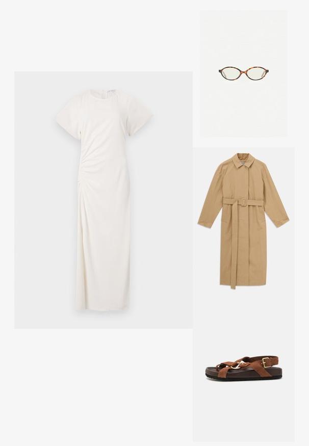 Beige pitkä trenssitakki, jossa on leveä kaulus, pitkät hihat, vyö soljella vyötäröllä ja sivutaskut, asetettuna tasaiseksi valkoiselle taustalle.; Vaaleanharmaa neuletakki, joka on valmistettu pehmeästä materiaalista. Tässä on pyöreä pääntie, pitkät hihat ja viisi nappisuljettavaa edessä. Lyhyt helma.; Valkoinen mekko, jossa on lyhyet hihat, pyöreä pääntie ja sivuilla röyhelöity yksityiskohta; sileä kangas ja lattiaan asti ulottuva siluetti.; Sœur MEXICO - Sandaalit nilkkaremmillä - rouille; Kilpikonnakuosiset silmälasit, joissa on soikeat linssit ja tyylikäs, sileä pinta. Ominaisuudet: ohuet sivut, joissa on hienovarainen kaari temppeleissä. Kirkkaat linssit.