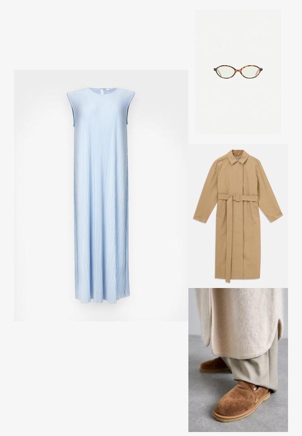 Bež dolg plašč s širokim ovratnikom, dolgimi rokavi, pasom z zaponko v pasu in stranskimi žepi, ležijo ravno na belem ozadju.; Svetlo sivi kardigan iz mehkega materiala, z okroglo ovratnikom, dolgimi rokavi in petimi gumbi na sprednji strani. Kratek rob.; Svijetloplava plisirana haljina bez rukava s okruglim izrezom i otvorom na leđima. Tokom A-linije, glatka tekstura i suptilni sjaj.; Rjave semiš copate z zaobljenim nosom, gumijastim podplatom in stranskimi izrezi, v kombinaciji s svetlo bež krojenimi hlačami.; Kornjačaste očala z ovalnimi lečami in gladko, sijočo površino. Imajo tanke stranice z rahlim ovinkom na templjih. Prosojne leče.