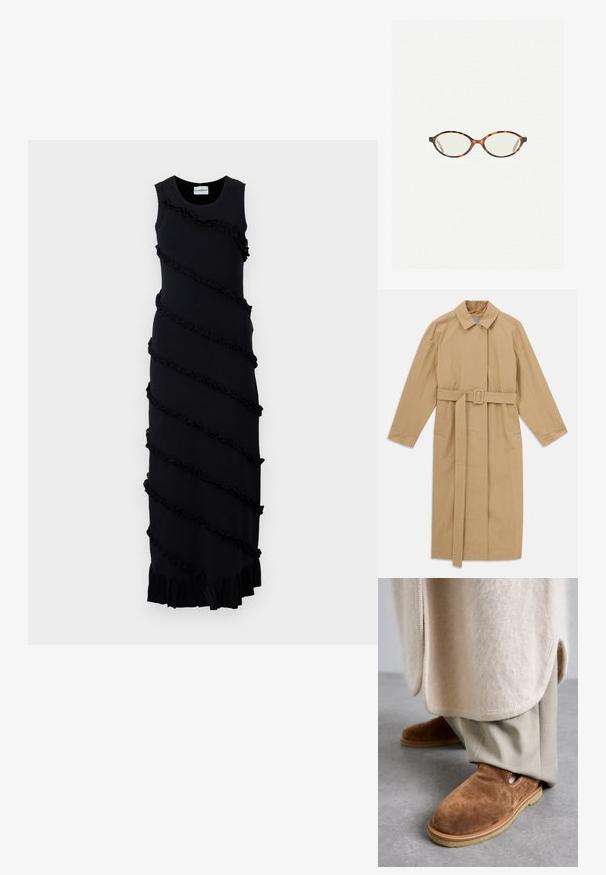 Beżowy długi płaszcz trencherowy z szerokim kołnierzem, długimi rękawami, paskiem z klamrą w talii oraz kieszeniami bocznymi, rozłożony na białym tle.; Jasnoszary kardigan wykonany z miękkiego materiału, z okrągłym dekoltem, długimi rękawami i pięcioma guzikami z przodu. Skrócony krój.; Czarna sukienka bez rękawów z ukośnymi falbanami, miękkiego materiału, długiej długości i rozkloszowanym dołem. Minimalistyczny design bez ozdób.; Brązowe zamszowe buty slip-on z zaokrąglonym noskiem, gumową podeszwą i bocznymi wycięciami, w połączeniu z jasnobeżowymi spodniami od garnituru.; Okulary w kolorze tortoiseshell z owalnymi soczewkami i gładkim, eleganckim wykończeniem. Posiadają cienkie boki z delikatnym łukiem w okolicy skroni. Przezroczyste soczewki.