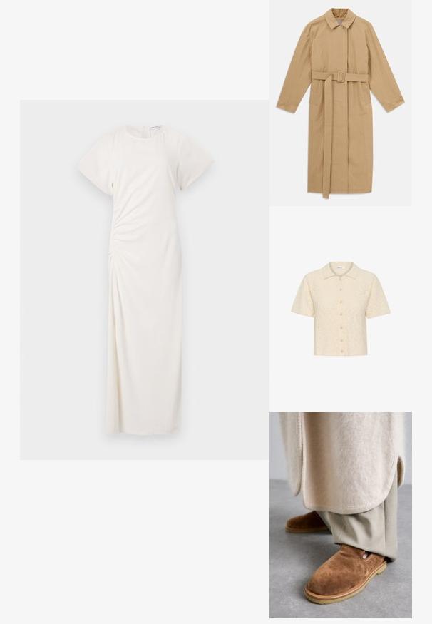 Beige langer Trenchcoat mit weitem Kragen, langen Ärmeln, Gürtel mit Schnalle in der Taille und seitlichen Taschen, flach auf weißem Hintergrund ausgelegt.; Kurzarmsgemusterte Hemd in Creme, aus strukturierter Stoff mit weicher Oberfläche. Mit einem Kragen und perlartigen Knopfverschlüssen.; Weißes Kleid mit kurzen Ärmeln, rundem Ausschnitt und seitlicher Raffung; glattes Material mit bodenlangen Silhouette.; Braune Wildleder-Slipper mit runder Zehenform, Gummisohle und seitlichem Cutout-Detail, kombiniert mit hellbeigen, maßgeschneiderten Hosen.