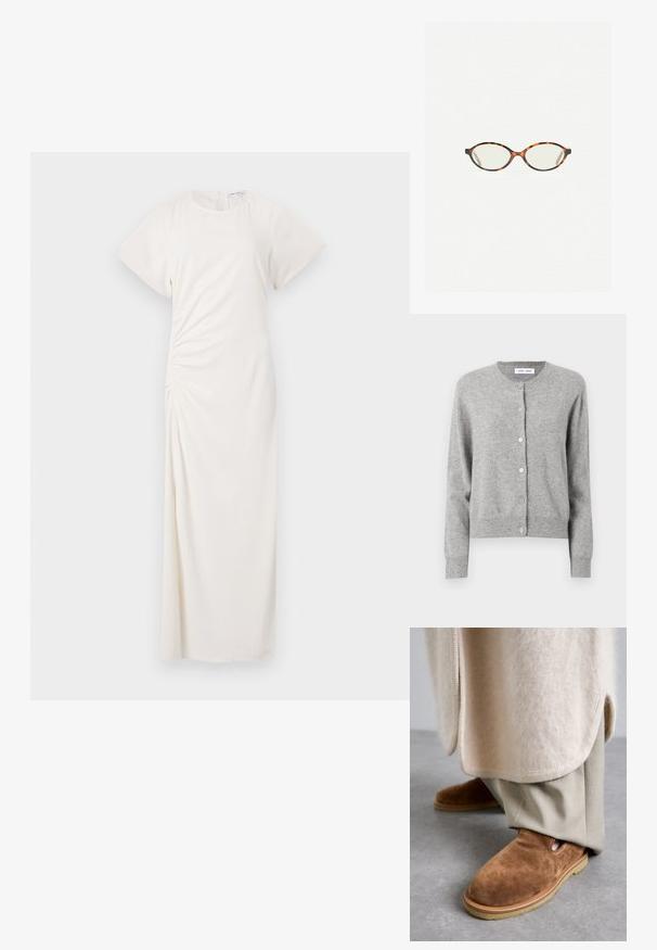Beżowy długi płaszcz trencherowy z szerokim kołnierzem, długimi rękawami, paskiem z klamrą w talii oraz kieszeniami bocznymi, rozłożony na białym tle.; Szary kardigan wykonany z miękkiego materiału dzianinowego, z okrągłym dekoltem, długimi rękawami i zapięciem na guziki z przodu. Prosty design.; Biała sukienka z krótkimi rękawami, okrągłym dekoltem i bocznymi marszczeniami; gładki materiał w długości do podłogi.; Brązowe zamszowe buty slip-on z zaokrąglonym noskiem, gumową podeszwą i bocznymi wycięciami, w połączeniu z jasnobeżowymi spodniami od garnituru.; Okulary w kolorze tortoiseshell z owalnymi soczewkami i gładkim, eleganckim wykończeniem. Posiadają cienkie boki z delikatnym łukiem w okolicy skroni. Przezroczyste soczewki.