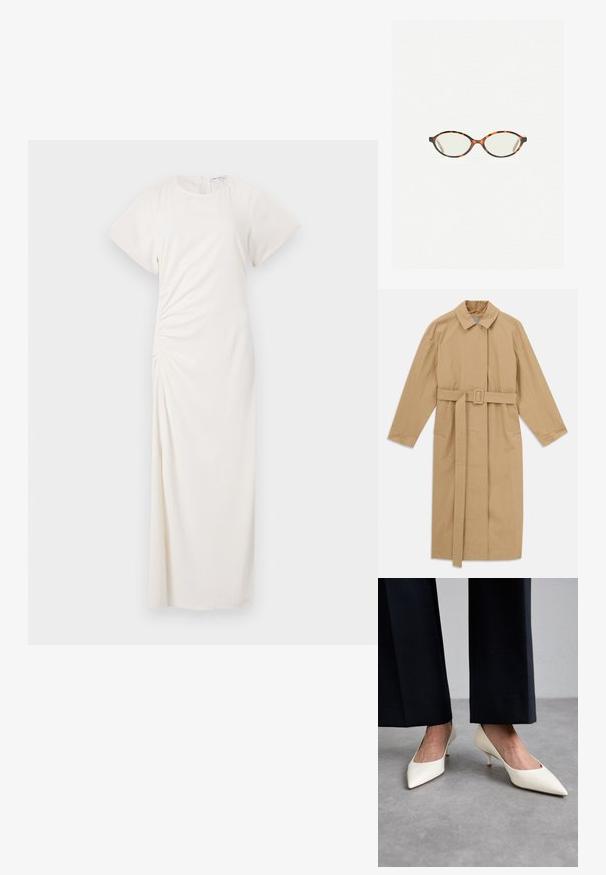 Beige lange trenchcoat met brede kraag, lange mouwen, riem met gesp in de taille en zijzakken, plat gelegd op een witte achtergrond.; Witte jurk met korte mouwen, ronde halslijn en ruches aan de zijkanten; gladde stof met een vloerlange silhouet.; Stuart Weitzman POWER - Klassieke pumps - cream; Kattenoogbril met ovale lenzen en een strakke, gladde afwerking. Heeft dunne zijkanten met een subtiele kromming bij de slapen. Transparante lenzen.