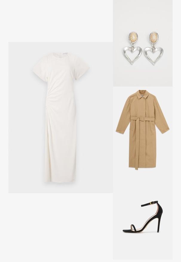 Manteau trench beige long avec large col, manches longues, ceinture avec boucle à la taille et poches latérales, présenté à plat sur fond blanc.; Robe blanche à manches courtes, décolleté rond et détails de ruching sur les côtés ; tissu lisse avec une silhouette longue jusqu'au sol.; Stuart Weitzman NUDISTCURVE - Sandales - black; Boucles d'oreilles en argent en forme de cœur avec une finition brillante. Chacune possède un clou ovale texturé de couleur beige. Design élégant et léger.