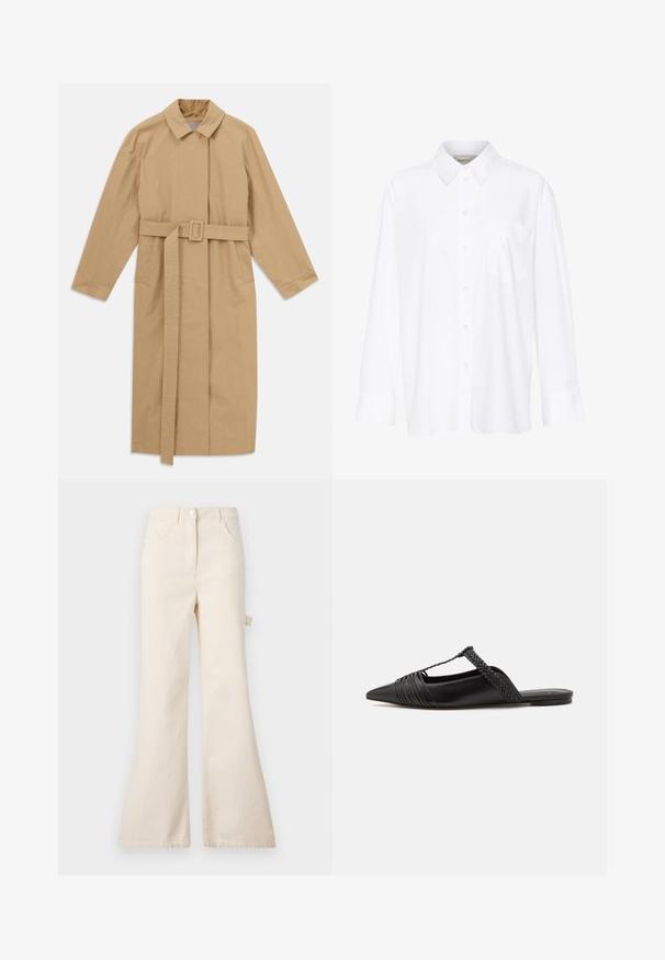 Beige long trench coat with wide collar, long sleeves, belt with buckle at waist, and side pockets, laid flat on white background.; White long-sleeve collared shirt made of cotton. Features a button-down front and a single chest pocket. Smooth texture, relaxed fit.; Beige flared jeans made of cotton with a high waist, featuring a button closure, five pockets, and a side loop detail.; Black leather slingback shoe with a pointed toe, featuring a woven accent and pleated upper design. Flat sole with minimal hardware.