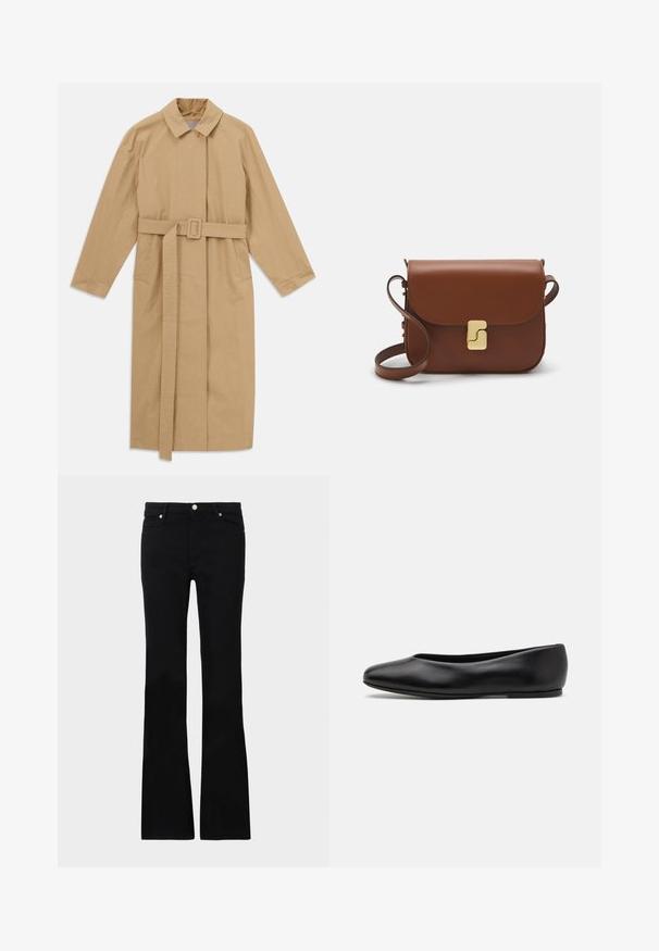 Beige langer Trenchcoat mit weitem Kragen, langen Ärmeln, Gürtel mit Schnalle in der Taille und seitlichen Taschen, flach auf weißem Hintergrund ausgelegt.; Weißes Langarmhemd mit Kragen aus Baumwolle. Verfügt über eine durchgehende Knopfleiste und eine Brusttasche. Glatte Textur, lockere Passform.; Schwarze, ausgestellte Jeans aus Denim, ausgestattet mit zwei Fronttaschen, einem Knopfverschluss und einer glatten Oberfläche. Signatur-Nähte an den Nähten sichtbar.; Paul Smith TOPANGA - Klassischer Ballerina - black; Braune Ledertasche mit Klappenverschluss, Beschlägen in Goldfarbe, einem Schultergurt und einer glatten Oberfläche. Kompakte rechteckige Form.