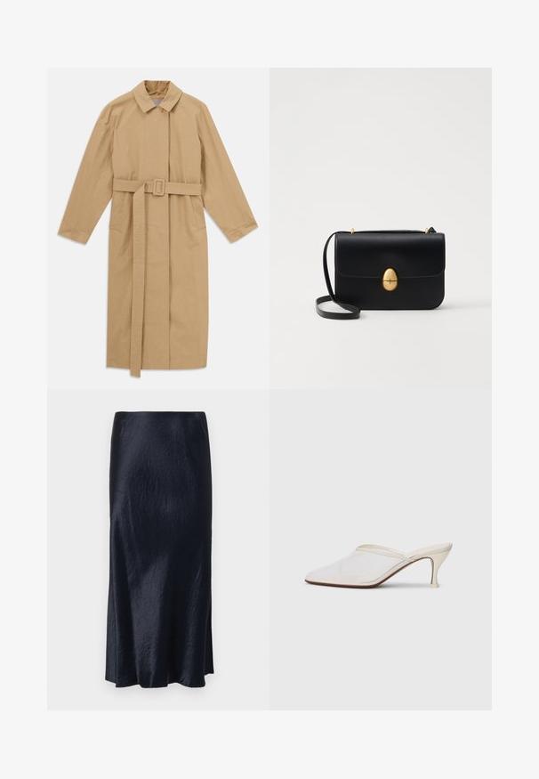 Manteau trench beige long avec large col, manches longues, ceinture avec boucle à la taille et poches latérales, présenté à plat sur fond blanc.; Chemise en satin à manches longues de couleur mauve profond, avec col pointu et boutons sur le devant, posée à plat sur un fond blanc.; Jupe bleu marine de mi-longueur avec une texture lisse, un léger éclat et une fente sur le côté pour faciliter le mouvement. Présente un design minimaliste.; Mule blanches en mesh avec un bout pointu, un talon moyen élancé et un design à enfiler, sur un fond uni.; Sac à main en cuir noir avec une forme rectangulaire structurée. Équipé d'un fermoir ovale doré et d'une fine bandoulière. Texture lisse.