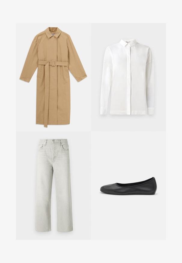 Beige lång trenchcoat med bred krage, långa ärmar, bälte med spänne i midjan och sidofickor, utlagd på vit bakgrund.; Vit långärmad skjorta med knäppbar krage, slät textur, rak skärning och dold knappslå. Mjukt, lätt material utan mönster.; Ljusgrå vida jeans i denim, med hög midja, framfickor och stängning med knapp och dragkedja.; Svart läderballerinaskor med rund tå, slät yta, minimala söm detaljer och en flexibel sula.