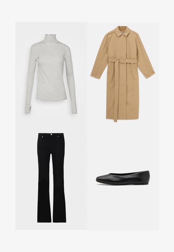 Beige lange trenchcoat met brede kraag, lange mouwen, riem met gesp in de taille en zijzakken, plat gelegd op een witte achtergrond.; Lichtgrijze lange mouwen turtleneck top gemaakt van zachte stof, met een gerimpelde hals en een aansluitend ontwerp, met een rechte zoom.; Zwarte flared jeans van denim, met twee voorzakken, een knoopsluiting en een gladde textuur. Kenmerkende stiksels zichtbaar bij de naden.; Paul Smith TOPANGA - Ballerina's - black