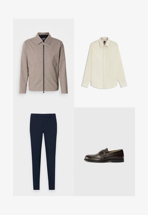 Brunternede tæppet zip-jakke med spids krave, sidelommer og en glat tekstur. Har en metal lynlås og subtile design detaljer.; BOSS JOE KENT - Business skjorter - open white eleven; Marineblå skræddersyede bukser med slim fit, flad front og bæltestropper, lavet af glat stof. Ingen synlige mønstre eller dekorationer.; Calvin Klein Loafers - cocoa brown