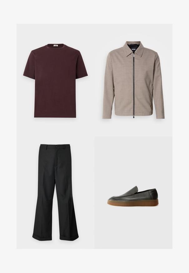 Braun karierter Reißverschlussjacke mit spitzem Kragen, seitlichen Taschen und glatter Textur. Mit einem metallischen Reißverschluss und dezenten Designdetails.; Burgunderfarbener Baumwoll-T-Shirt mit Rundhals, kurzen Ärmeln und lockerer Passform. Keine sichtbaren Logos oder Muster. Weiche Textur.; Schwarze weit geschnittene Hosen mit geknöpftem Bund und umgeschlagenen Säumen, vor einem schlichten weißen Hintergrund präsentiert.; Calvin Klein HYBRID CUP - Slipper - after dark