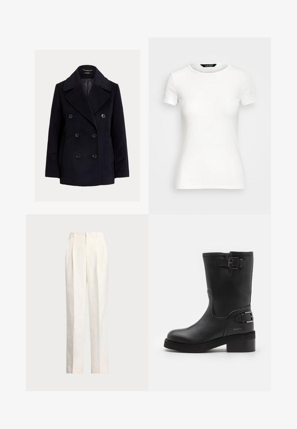 Granatowy dwurzędowy płaszcz marynarski z wełny, z dużymi guzikami, szerokimi klapami i kieszeniami bocznymi. Gładka podszewka wewnętrzna.; Biała bawełniana koszulka z krótkimi rękawami, okrągłym dekoltem, dopasowanym krojem i gładką fakturą. Metka z logo przy dekolcie.; Polo Ralph Lauren - Spodnie materiałowe; Czarne skórzane botki za kostkę z okrągłym noskiem, detalem w postaci klamry z boku oraz niskim słupkowym obcasem. Posiadają gładką teksturę i subtelną markę.