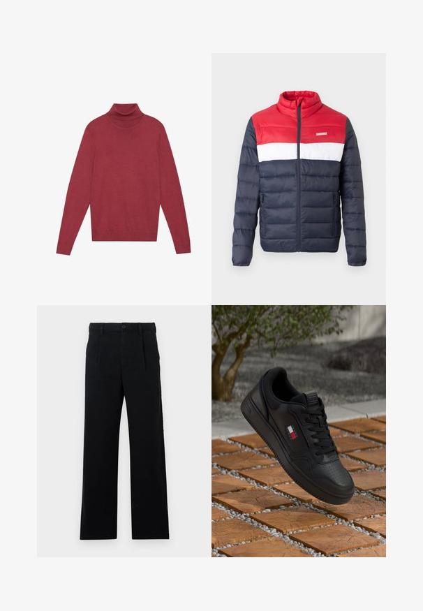 Casaco acolchoado com uma parte superior vermelha, faixa do meio branca e parte inferior azul-marinho. Fecho de correr à frente, colarinho alto e bolsos laterais.; Suéter vermelho de gola alta feito de um tecido de malha suave. Apresenta mangas longas e um design ajustado. Textura lisa sem padrões ou ferragens visíveis.; Calças pretas ajustadas feitas de algodão; possuem frente plana, costuras visíveis e um corte reto. Fecho com botão na cintura.; Sapatilha preta de couro com biqueira perfurada e detalhes texturizados. Apresenta um pequeno logo em vermelho, branco e azul na lateral.