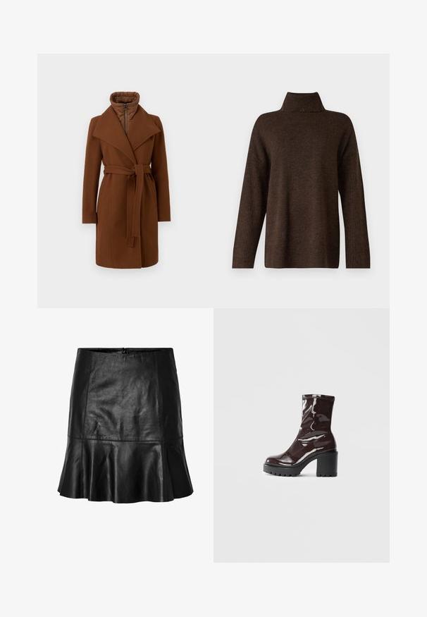 Ruskea villasekoitteinen takki, jossa on vyötärölle sidottava vyö, leveät läpät ja korkea kaulus. Takissa on vetoketjukiinnitys ja vuorattu sisus eristykselle.; Ruskea neulepaita, jossa on korkea ribattu kaulus, leveät hihat ja pehmeä textura. Ominaisuuksiin kuuluu rento malli ja ribbaus yksityiskohtina hihoissa.; Mustat nahka mini-hameet, joissa on levenevä helma ja näkyvät ompelutiedot, varustettuna takana olevan vetoketju sulkemisen kanssa.; Satea bordeaux berwarna mengkilap dengan tumit hitam tebal, menampilkan tekstur halus dan desain sederhana. Tanpa pengikat atau pola yang terlihat.