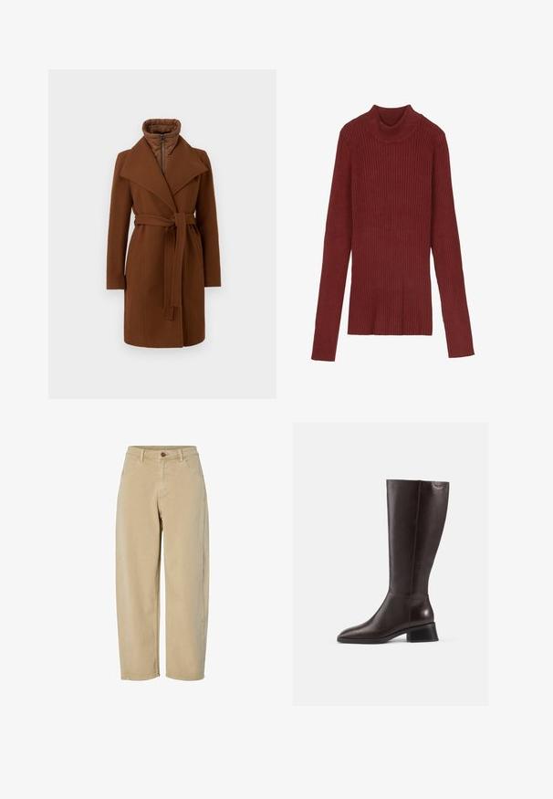 Ruskea villasekoitteinen takki, jossa on vyötärölle sidottava vyö, leveät läpät ja korkea kaulus. Takissa on vetoketjukiinnitys ja vuorattu sisus eristykselle.; Musta, maroon pitkähihaisen turtleneck-neuleen, jossa on ribbikuviointi ja istuva siluetti. Pehmeä rakenne, minimalistinen muotoilu ja ei näkyvää varustelua.; Vaaleanbeige leveälahkeiset housut, jotka on valmistettu puuvillasta. Housuissa on nappikiinnitys, kaksi etutaskua ja sileä pinta. Ei näkyviä kuvioita.; Knee-high ruskeat nahkasaappaat, joissa on sileä pinta, pyöreä kärki ja pinoontuva musta korko. Yksinkertainen muotoilu, jossa on vain vähän metalliosia.