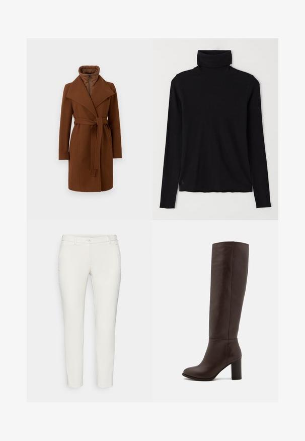 Smešani kaput od smeđe vune s pojasom u struku, širokim reverima i visokim kragnom. Ima patentni zatvarač sprijeda i quiltiranu unutrašnjost za izolaciju.; Crna majica s visokim ovratnikom od rebrastog materijala. Dugi rukavi, uski dizajn i blago opuštena donja linija bez vidljivih uzoraka ili hardvera.; Bijele krojene hlače uskog kroja, s prednjim patentnim zatvaračem i kopčanjem na gumb. Imaju dva bočna džepa i suptilne šavove u visini struka.; Smeđe kožne čizme do koljena s blok petom, glatkom teksturom, zaobljenim vrhom i minimalnim detaljima šivanja.
