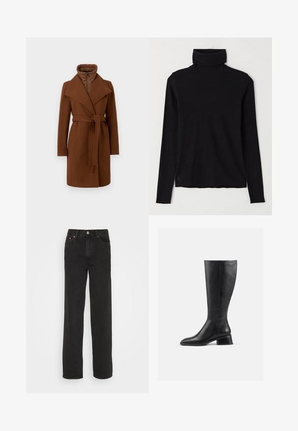 Brun uldsblanding frakke med bælte i taljen, brede revers og høj krave. Har en lynlåslukning foran og et quiltet indre for isolering.; Sort turtleneck sweater lavet af ribbet stof. Lange ærmer, tætsiddende design og en let afslappet kant uden synlige mønstre eller hardware.; Sorte lige jeans med fem lommer, forknap og bæltesløjfer, præsenteret mod en hvid baggrund.; Støvle i sort læder, der går til knæene, med rund tå og lav blokhæl. Har en glat tekstur og minimal syning.
