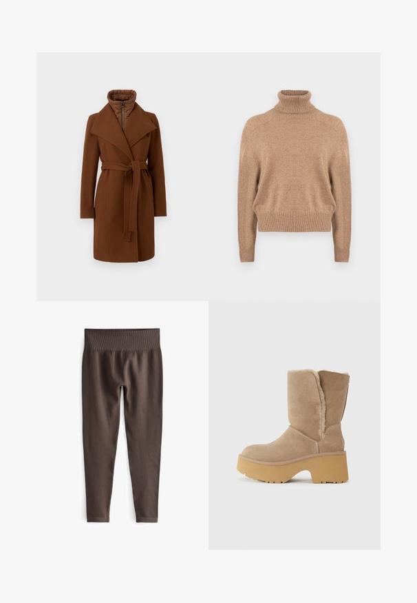 Manteau en mélange de laine marron avec taille ceinturée, larges revers et col haut. Comprend une fermeture éclair à l'avant et un intérieur matelassé pour l'isolation.; Pull à col roulé beige en tissu tricoté doux, avec des poignets et un ourlet côtelés, coupe décontractée et manches raglan pour un look casual.; Leggings marron côtelés avec une large taille élastique. Le tissu est lisse et extensible, offrant un ajustement serré le long des jambes.; Bottes en suède beige mi-mollet avec une épaisse semelle en plate-forme jaune, dotées d'une doublure douce et texturée et d'un design à bout rond. Surface extérieure unie.