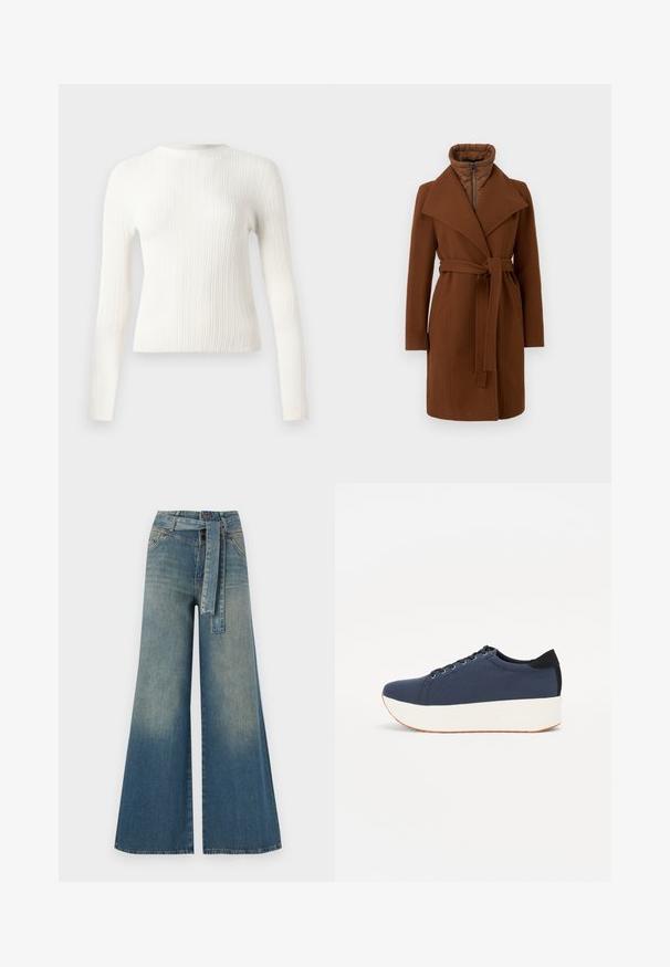 Bruine wollen blend jas met een ceintuur in de taille, brede revers en een hoge kraag. Heeft een ritssluiting aan de voorkant en een gewatteerde binnenkant voor extra isolatie.; Witte geribbelde gebreide lange mouwen crew neck trui met een slim fit en rechte zoom, weergegeven op een effen achtergrond.; Wijduitlopende denim broek met een lichte naar donkere blauwe gradient, hoge taille, riemlussen en een bijpassende stoffen riem. Gestructureerde denimafwerking.; Marineblauwe sneaker met een textuurstof bovenwerk, witte platformzool, ronde neus en zwart hakaccent. Voorzien van zes gaatjes voor veters.