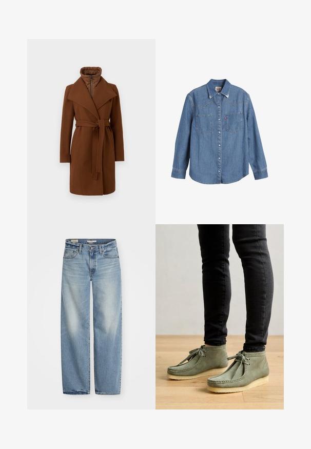 Brown wool blend coat with a belted waist, wide lapels, and a high collar. Features a zippered front and quilted interior for insulation.; Light blue denim shirt with long sleeves, pointed collar, two chest pockets, and contrasting stitching. Features a western-style yoke design.; Light blue wide-leg jeans made of denim. Features a button and zip fly, five pockets, and a faded finish with a slightly distressed hem.; Suede green ankle boots with a soft sole, featuring a lace-up design and stitched detailing along the edges. Worn with black jeans.